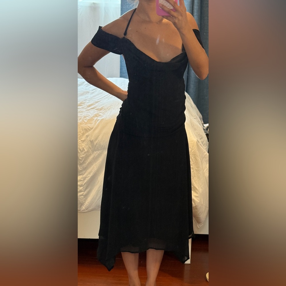 Peppermayo Black Off-Shoulder Halter Midi Dress